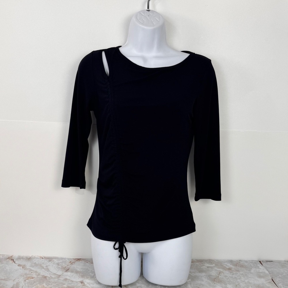 Daytrip Top Women Large Black 3/4 Sleeve Ruched Cutout USA Made Running Small